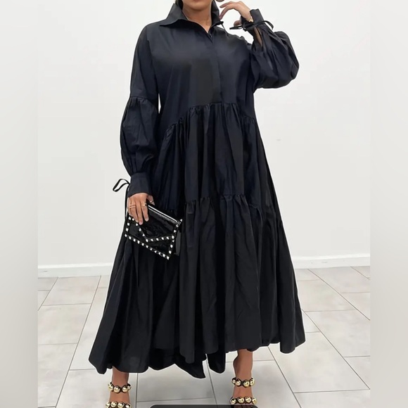 Women's Casual Ruffle Long Sleeve Shirt Dress White Loose Maxi Dress - Picture 6 of 11